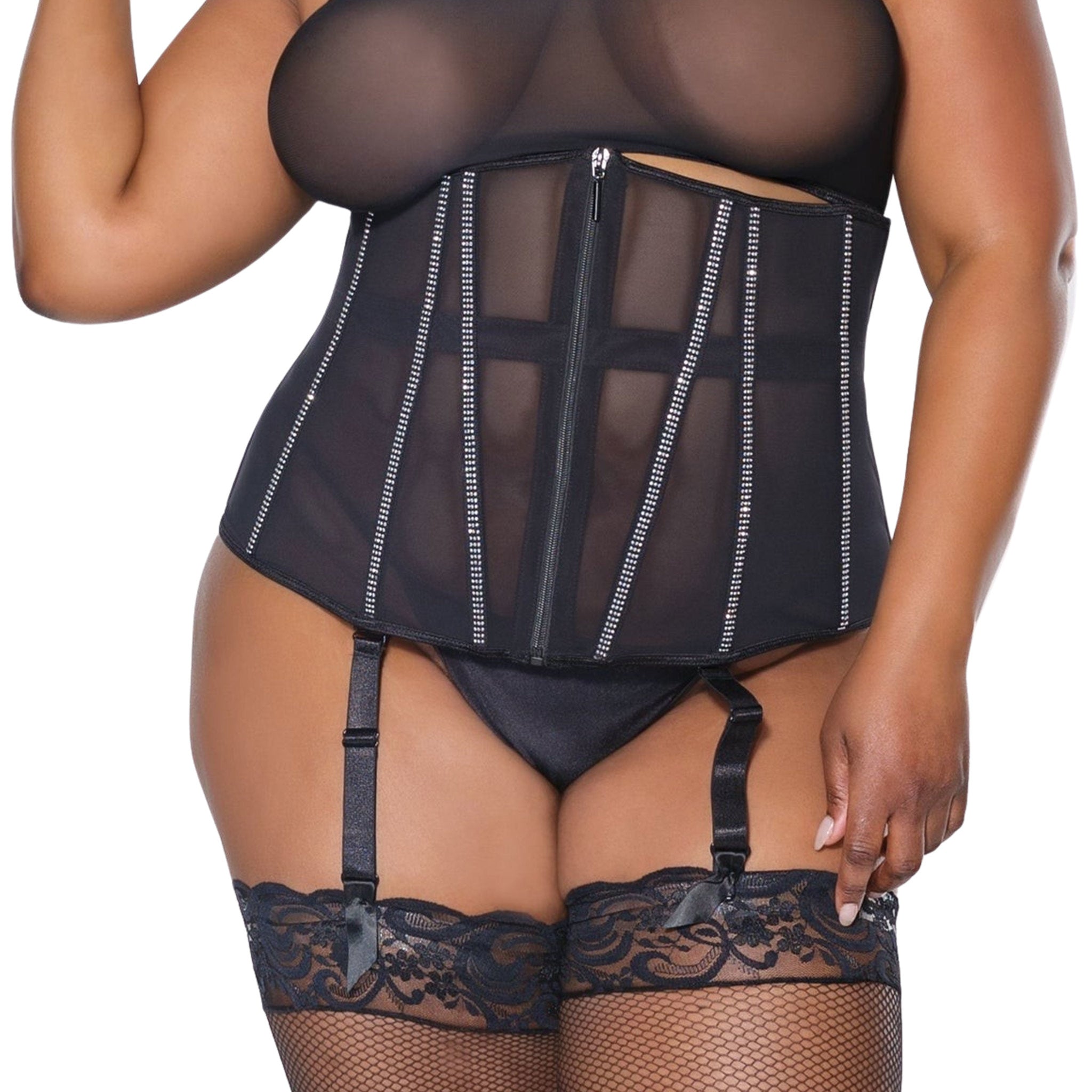 Rhinestone Trim Mesh Waist Cincher Black