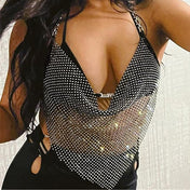Tie-Back Rhinestone Fishnet Halter Top Black O/S