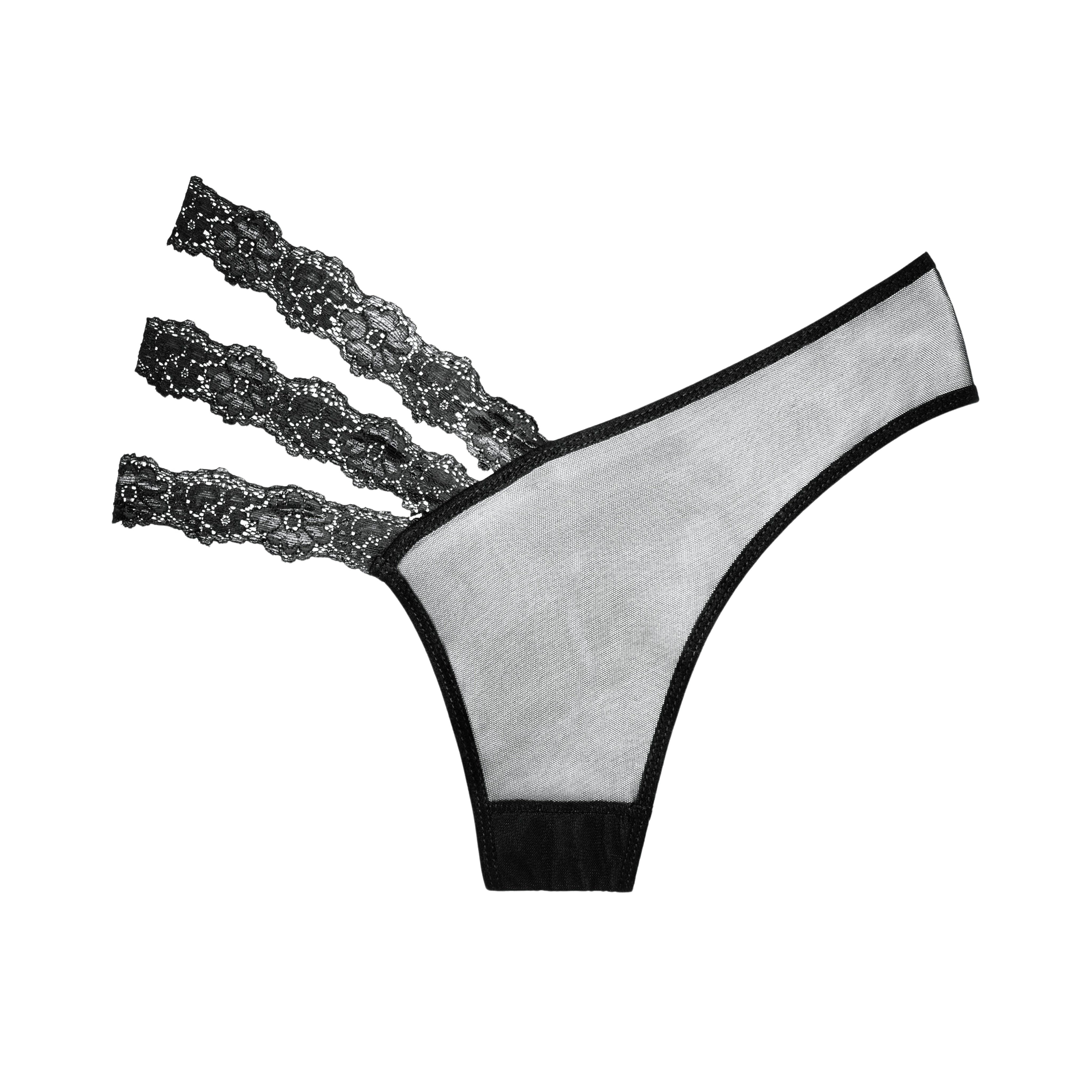 Asymmetrical Sheer Panty with Triple Lace Straps Black O/S