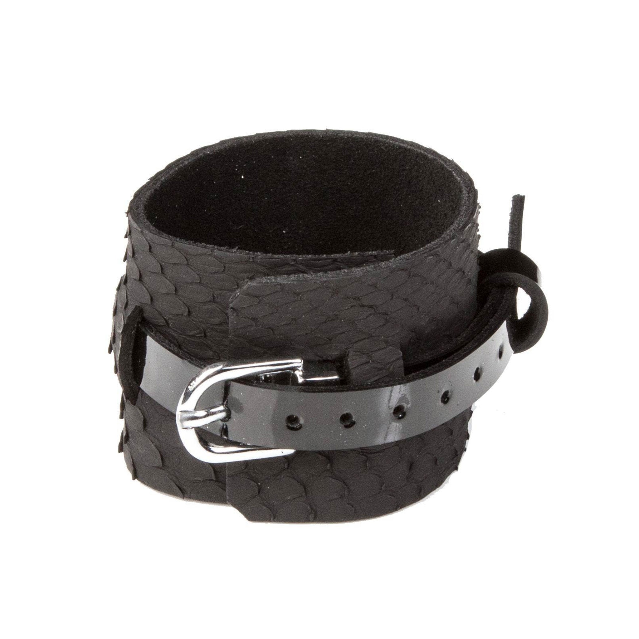 Premium leather textured alligator reptile scaled scaly patent bracelet wrist cuff adjustable buckle fashion alt-fashion arm-gear accessories black