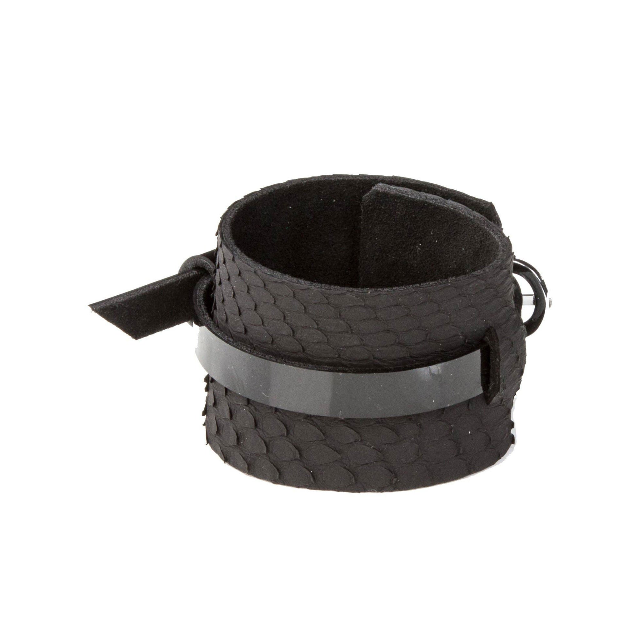 Premium leather textured alligator reptile scaled scaly patent bracelet wrist cuff adjustable buckle fashion alt-fashion arm-gear accessories black