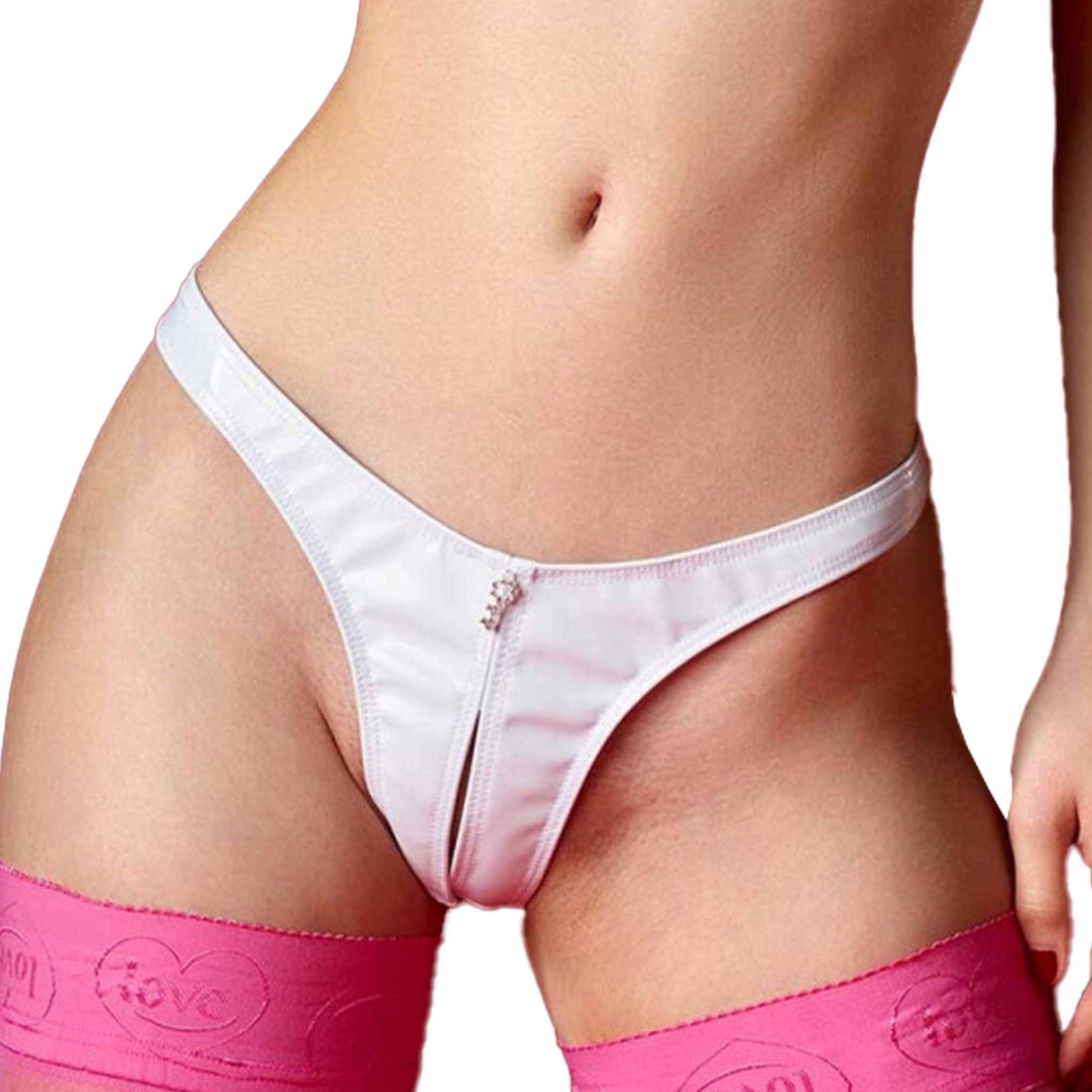 PVC vinyl polyester elastane spandex polyurethane intimates lingerie panties panty g-string gstring thong open-crotch zip zipper charm key key-shaped rhinestone treasure women feminine femme bottoms white