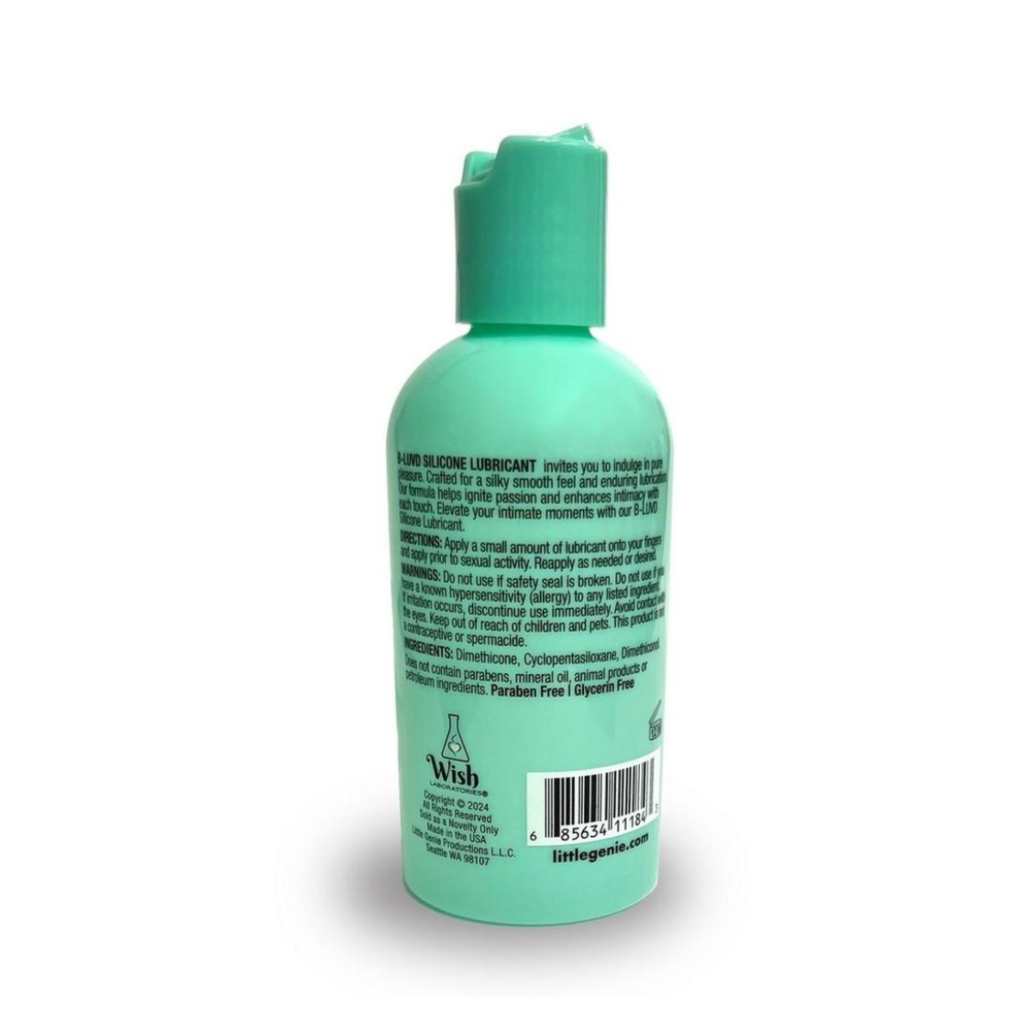 B-Luvd silicone lubricant 4oz bottle, paraben and glycerin-free formula.