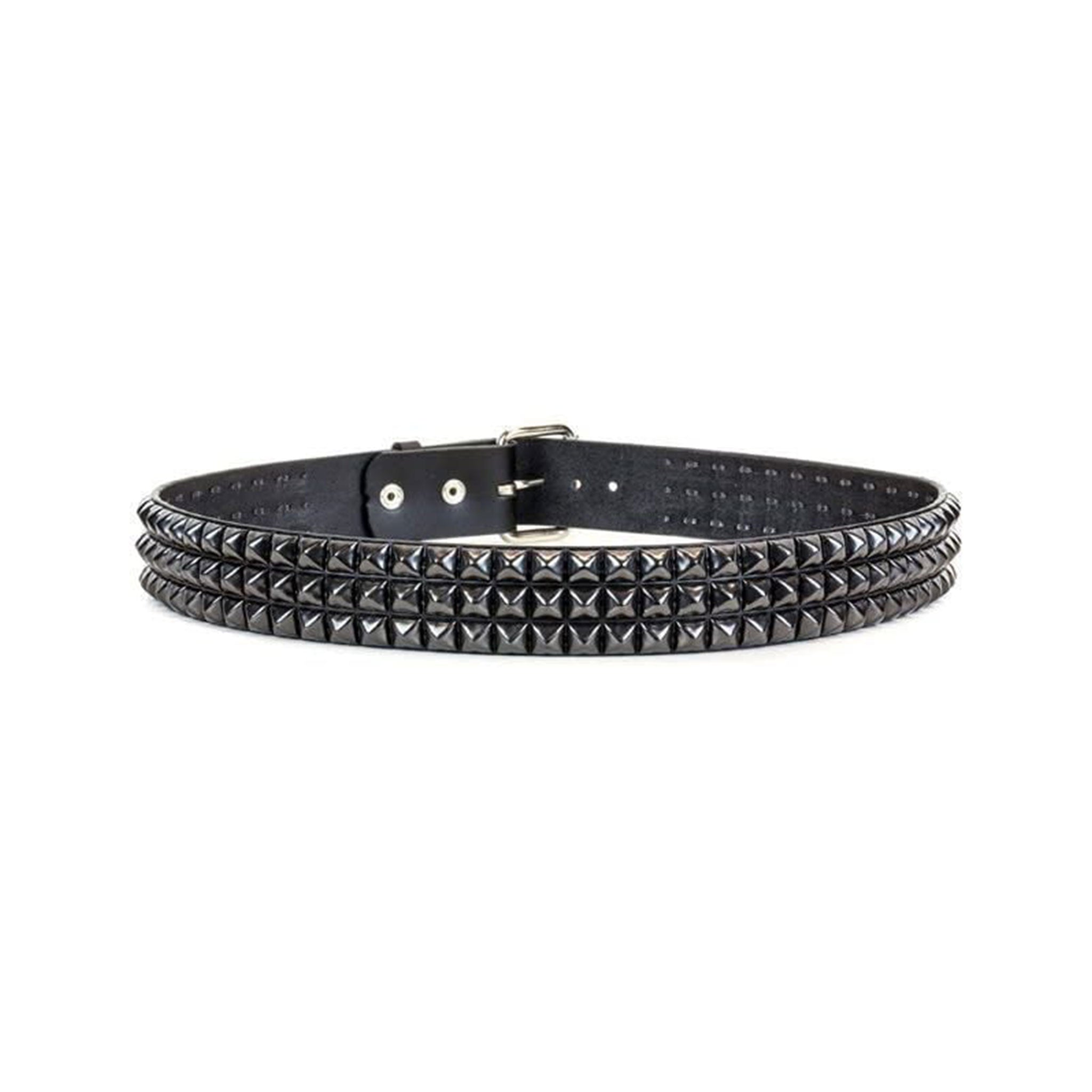 Leather belt pyramid studs 3 three row accessories black
