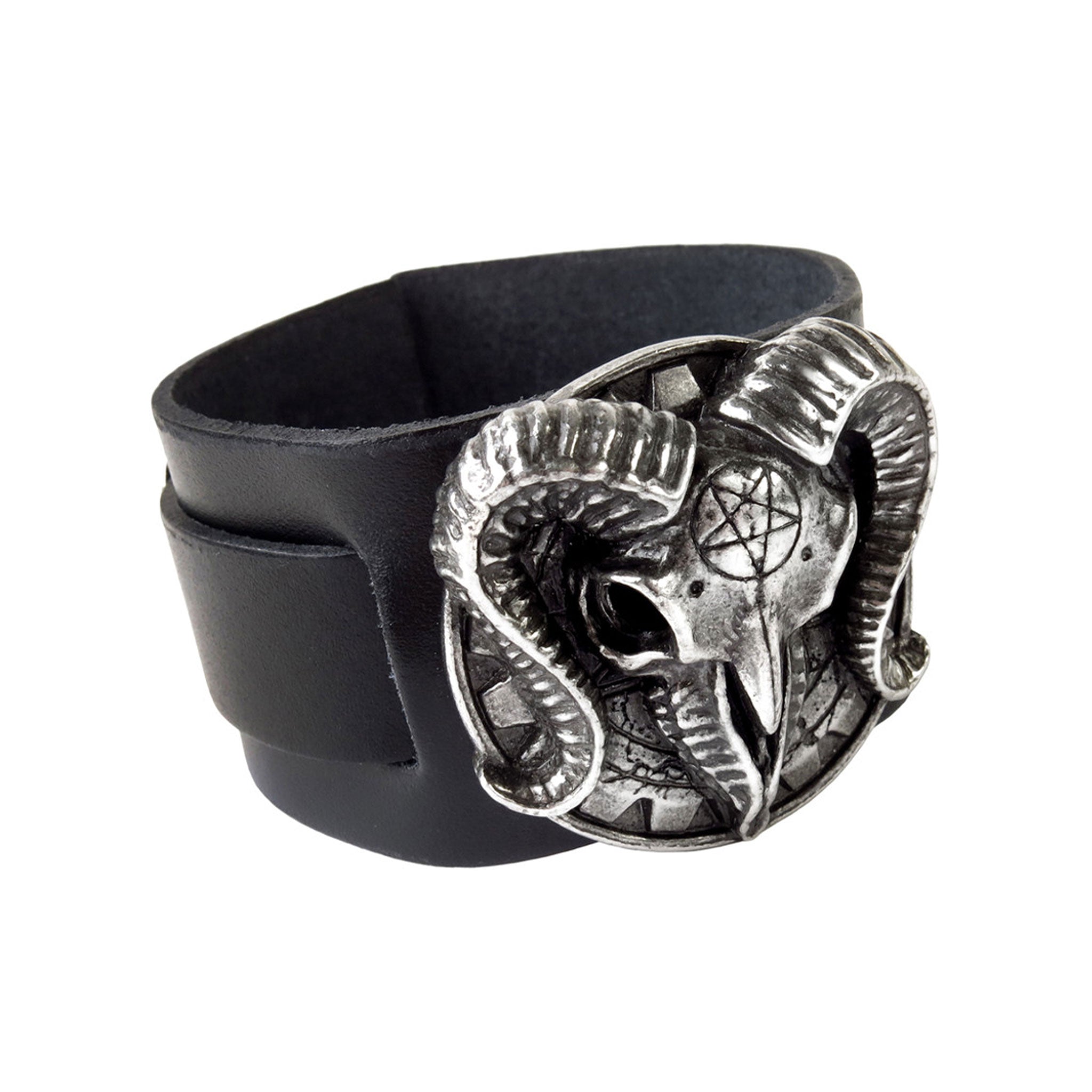 Leather genuine wrist cuff wristcuff arm-gear pewter ram skull baphomet devil demon goat pentagram pentacle adjustable costumes cosplay fetish-fashion fashion alt-fashion punk-rock accessories black