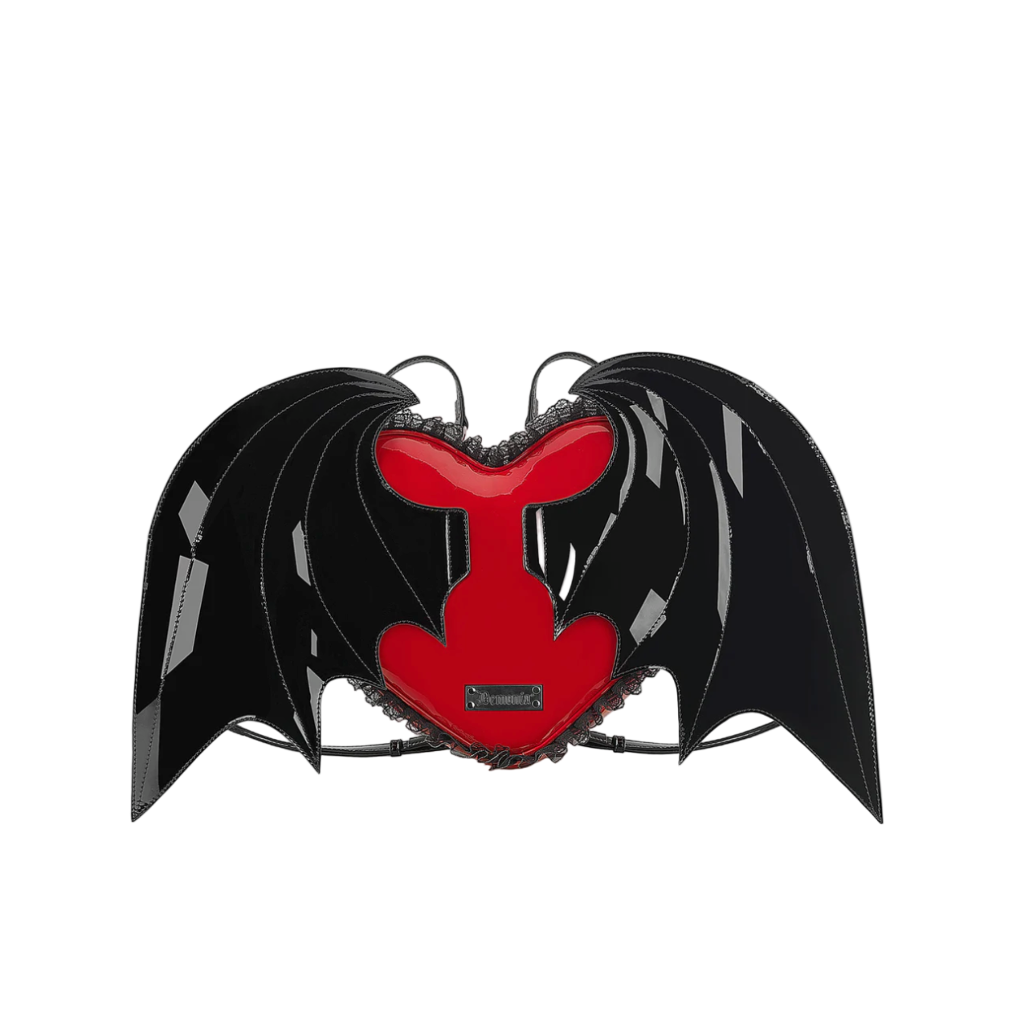 bat wing backpack black and red patent gothic heart shaped bag with quilted bat wings ruffle lace trim fetish factory glossy statement backpack adjustable straps inner zip pocket