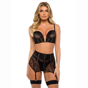 belle noir 3-piece garter set chantilly lace satin bustier plunge v-wire balconette cups steel boning garter skirt mesh g-string lingerie fetish