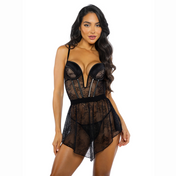 belle noir babydoll lingerie set chantilly lace satin mesh g-string cotton gusset plunge v-wire balconette underwire cups exposed boning sexy 2 piece babydoll
