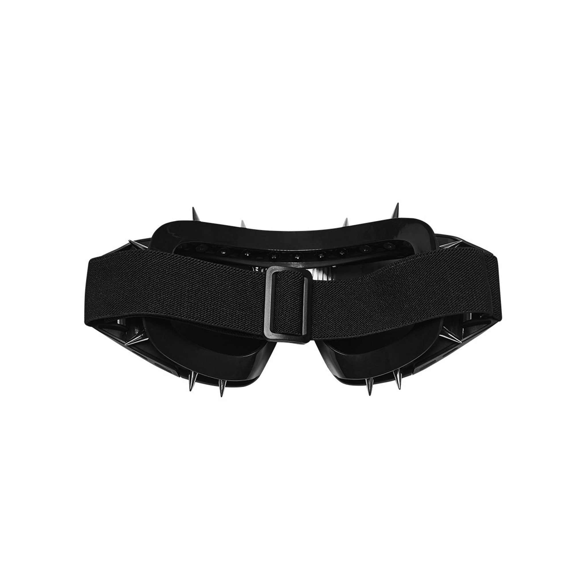 Plastic elastic metallic-alloy accessories headgear eyewear goggles snowboarding skiing snow ski curved-lens single-lens 
spike spikes spiked close-fitting snug adjustable elastic satin-sheath durable lightweight sharp stylish striking stand-out iconic unique fetish fashion alt-fashion punk futuristic cyber cyberpunk rebellious cybergoth goth gothic bold rave ravewear festival festivalwear costume cosplay halloween unisex black