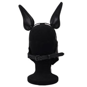 Bondage dog head harness mask, detachable pup play mask, two-tone BDSM dog mask, adjustable leather puppy hood, fetish pet play gear.