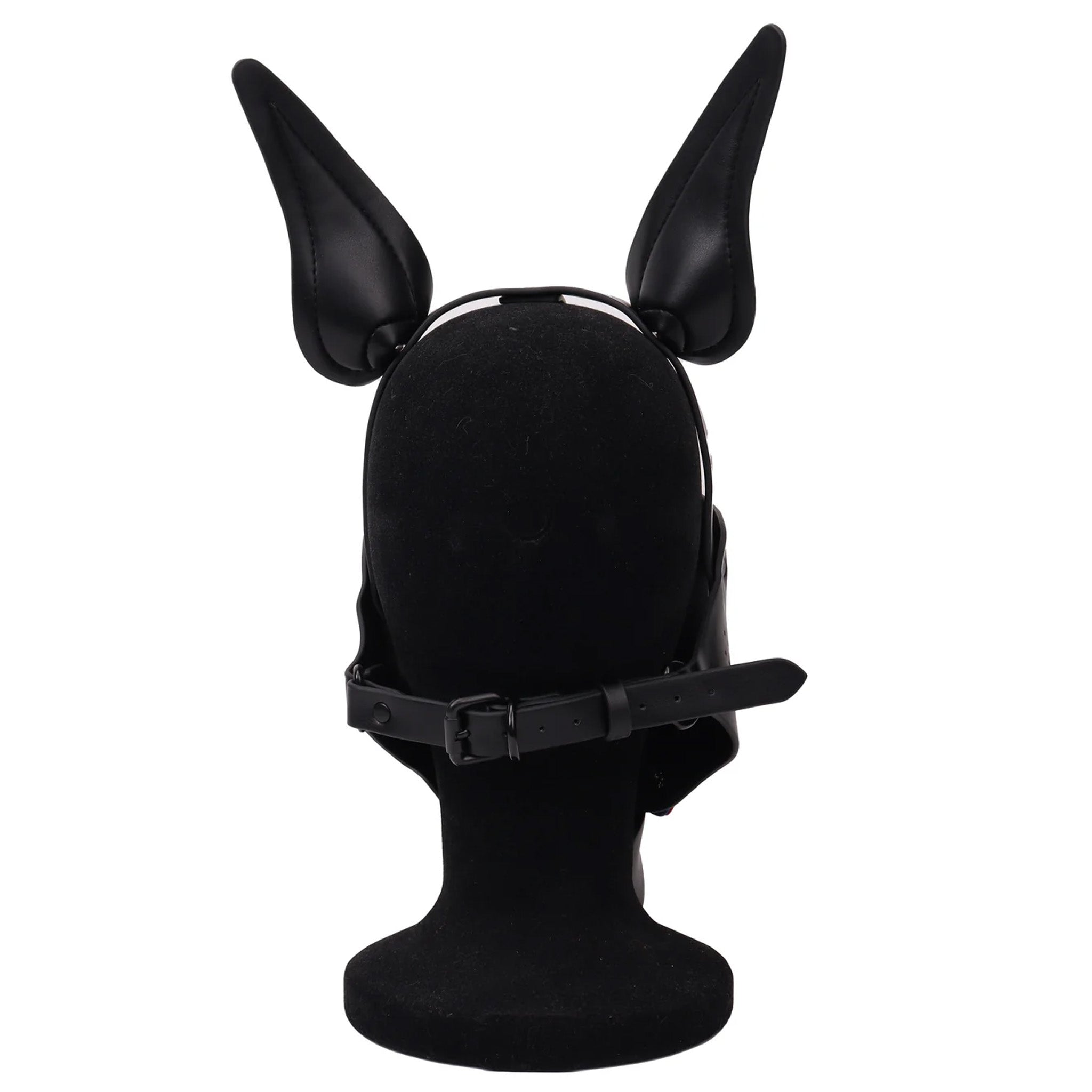 Bondage dog head harness mask, detachable pup play mask, two-tone BDSM dog mask, adjustable leather puppy hood, fetish pet play gear.