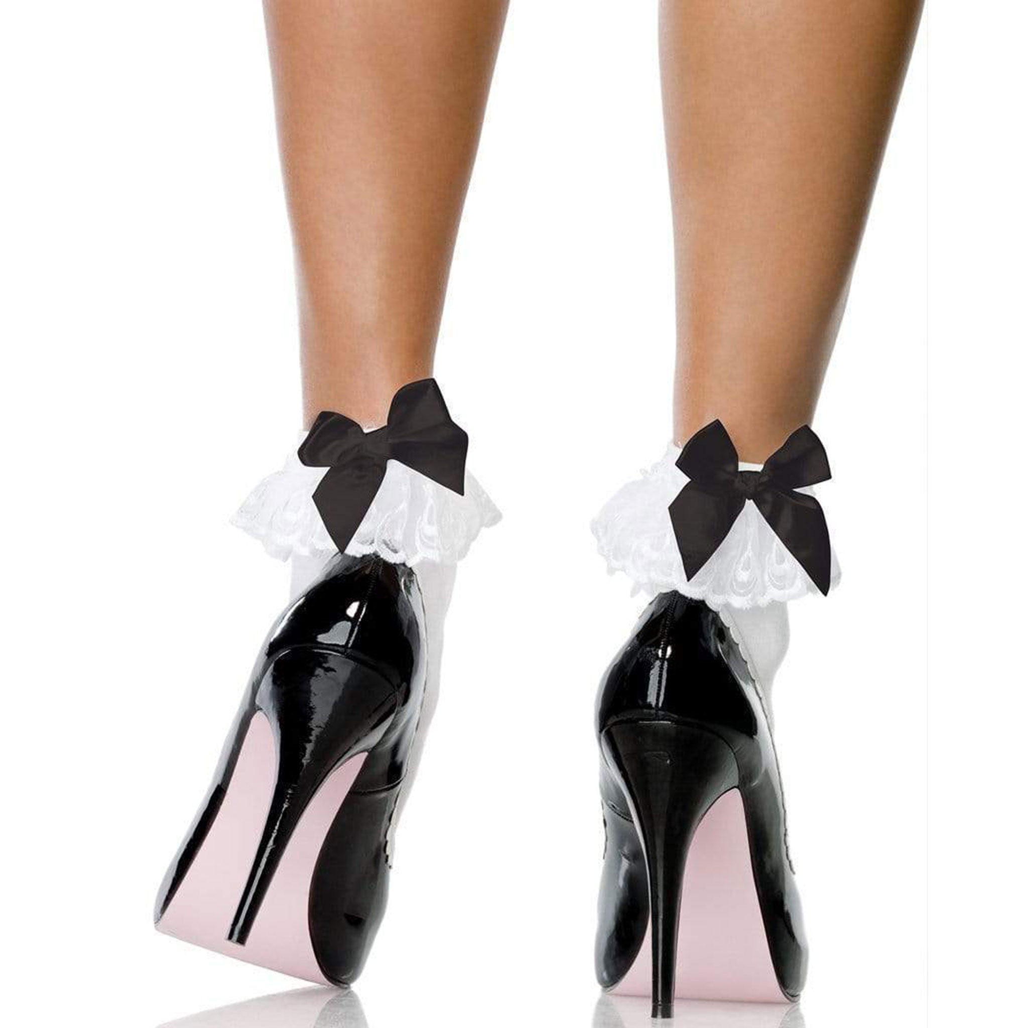 Nylon hosiery sock ankle anklet ruffle lace embroidered bow satin reinforced toes sissy feminine-looks white black