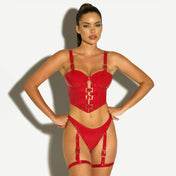 PVC vinyl glossy mesh lingerie lingerie-set intimates bustier overbust over-bust garter panty panties gstring g-string leg harness leg-harness removable buckle-front buckle front kink kinky sexy 2-piece 2-pc two-piece fetish-fashion women womens female feminine femme red