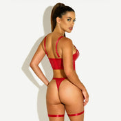 PVC vinyl glossy mesh lingerie lingerie-set intimates bustier overbust over-bust garter panty panties gstring g-string leg harness leg-harness removable buckle-front buckle front kink kinky sexy 2-piece 2-pc two-piece fetish-fashion women womens female feminine femme red
