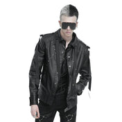 Flat nail studded PU faux leather jacket coat long sleeve long-sleeve long sleeved sleeve shoulder pads removable straps strapped webbing snap-button push-button lace-up back punk O-ring wild free alt-fashion bold edgy black