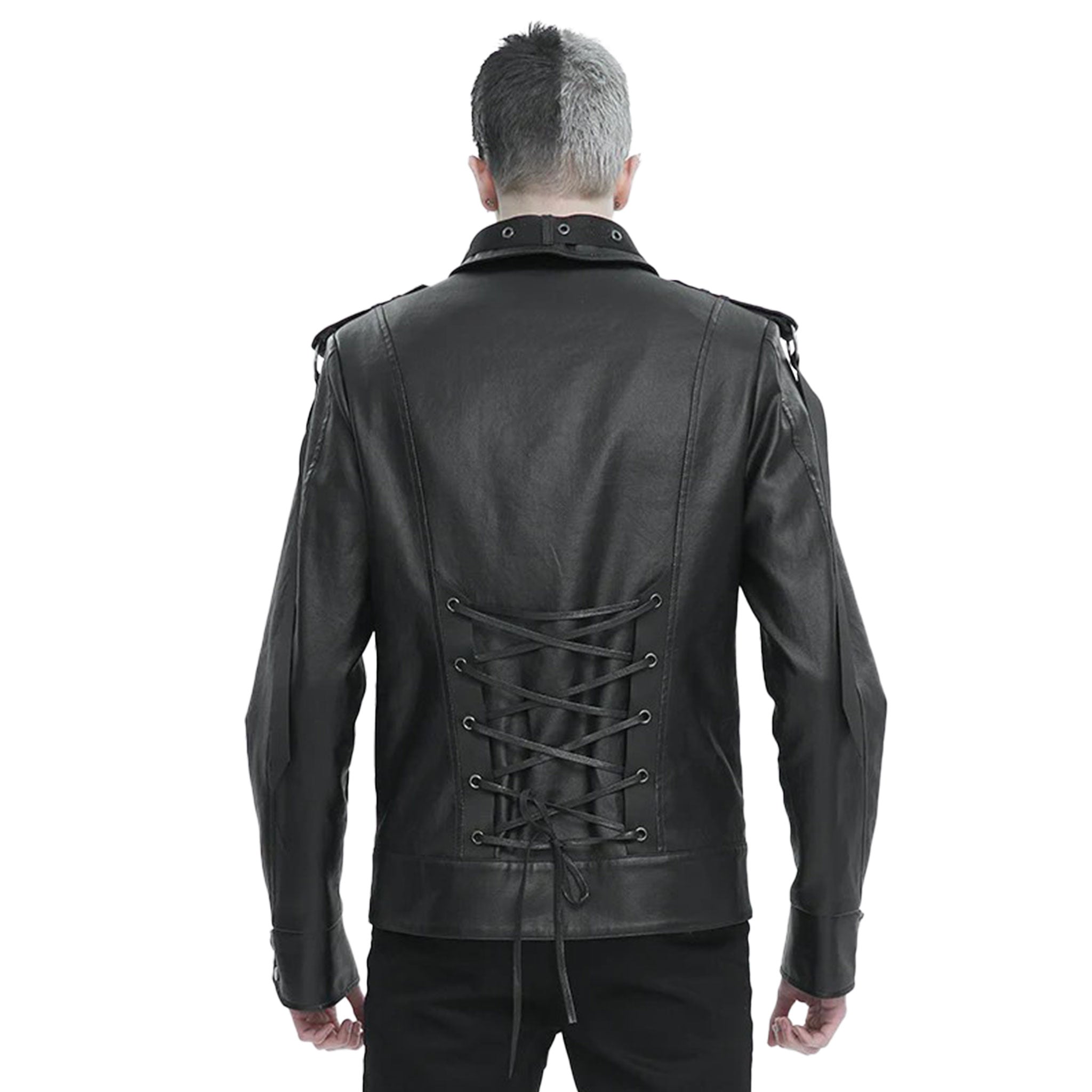 Flat nail studded PU faux leather jacket coat long sleeve long-sleeve long sleeved sleeve shoulder pads removable straps strapped webbing snap-button push-button lace-up back punk O-ring wild free alt-fashion bold edgy black