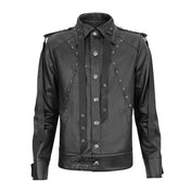Flat nail studded PU faux leather jacket coat long sleeve long-sleeve long sleeved sleeve shoulder pads removable straps strapped webbing snap-button push-button lace-up back punk O-ring wild free alt-fashion bold edgy black