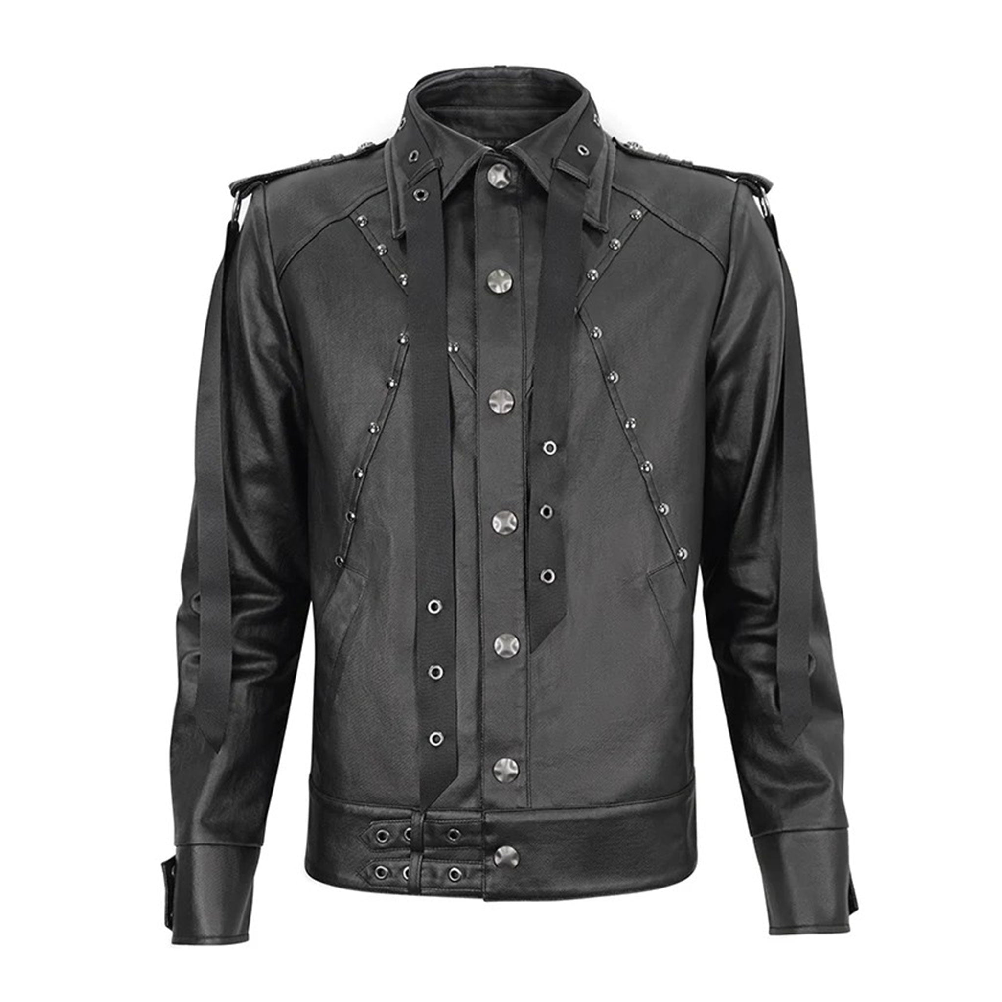 Flat nail studded PU faux leather jacket coat long sleeve long-sleeve long sleeved sleeve shoulder pads removable straps strapped webbing snap-button push-button lace-up back punk O-ring wild free alt-fashion bold edgy black