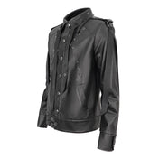 Flat nail studded PU faux leather jacket coat long sleeve long-sleeve long sleeved sleeve shoulder pads removable straps strapped webbing snap-button push-button lace-up back punk O-ring wild free alt-fashion bold edgy black
