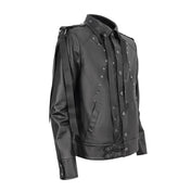 Flat nail studded PU faux leather jacket coat long sleeve long-sleeve long sleeved sleeve shoulder pads removable straps strapped webbing snap-button push-button lace-up back punk O-ring wild free alt-fashion bold edgy black