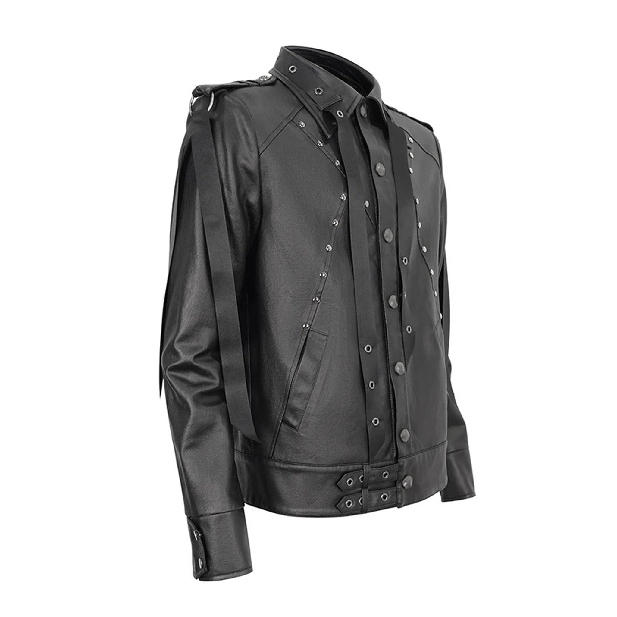 Flat nail studded PU faux leather jacket coat long sleeve long-sleeve long sleeved sleeve shoulder pads removable straps strapped webbing snap-button push-button lace-up back punk O-ring wild free alt-fashion bold edgy black