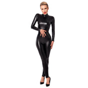 Wetlook power-wetlook power catsuit caged front zippers dual O-ring waist kink kinky female femme feminine womens shiny stretchy black