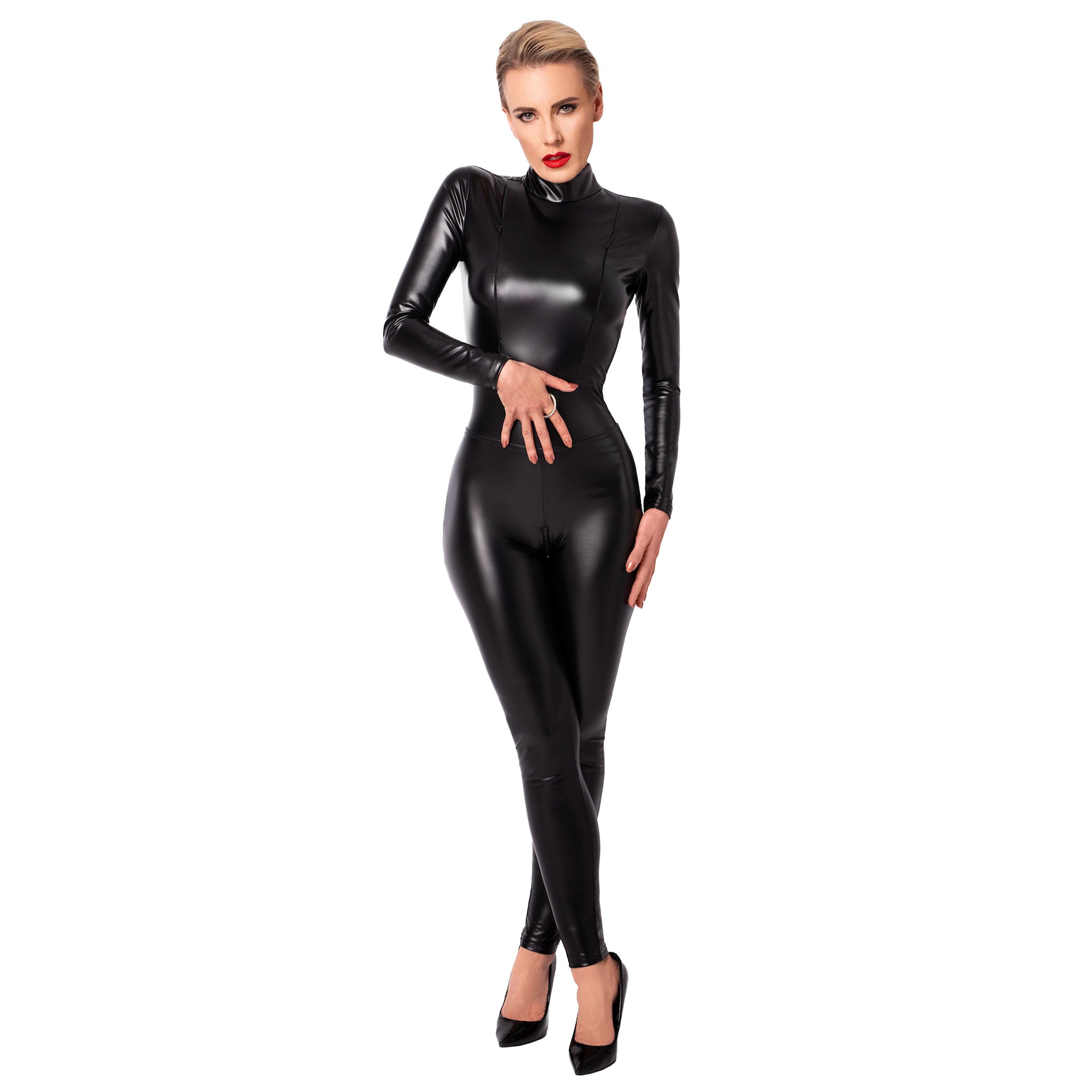 Wetlook power-wetlook power catsuit caged front zippers dual O-ring waist kink kinky female femme feminine womens shiny stretchy black