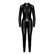 Wetlook power-wetlook power catsuit caged front zippers dual O-ring waist kink kinky female femme feminine womens shiny stretchy black