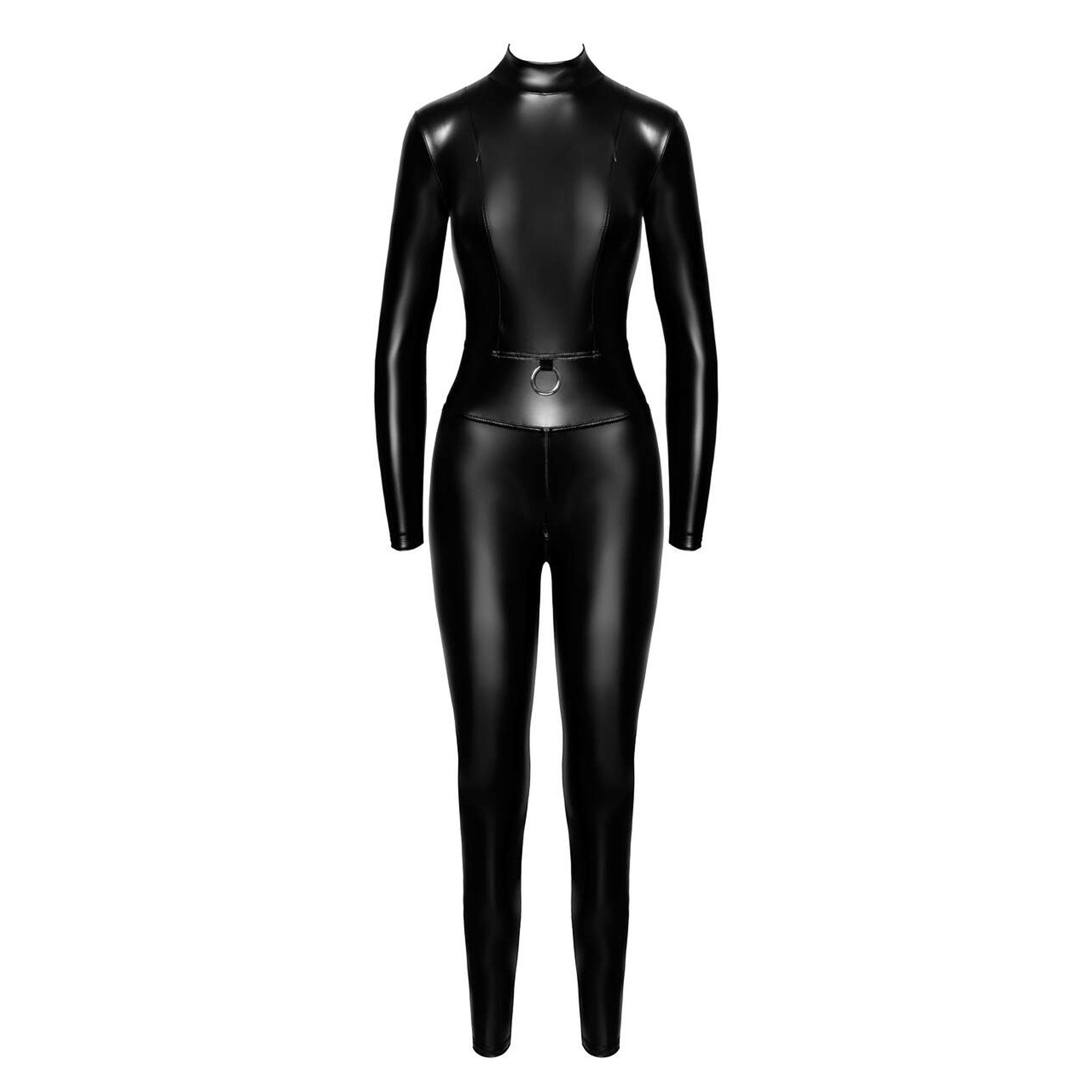 Wetlook power-wetlook power catsuit caged front zippers dual O-ring waist kink kinky female femme feminine womens shiny stretchy black