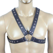 PVC vinyl leather vegan-leather pebble-grain accessories top harness chest-harness x-cross x-shaped studs studded O-ring adjustable buckle fetish fashion alt-fashion bdsm bdsm-gear bondage rave ravewear festival festivalwear club clubwear party male masculine masc mens guys dudes gay pride black