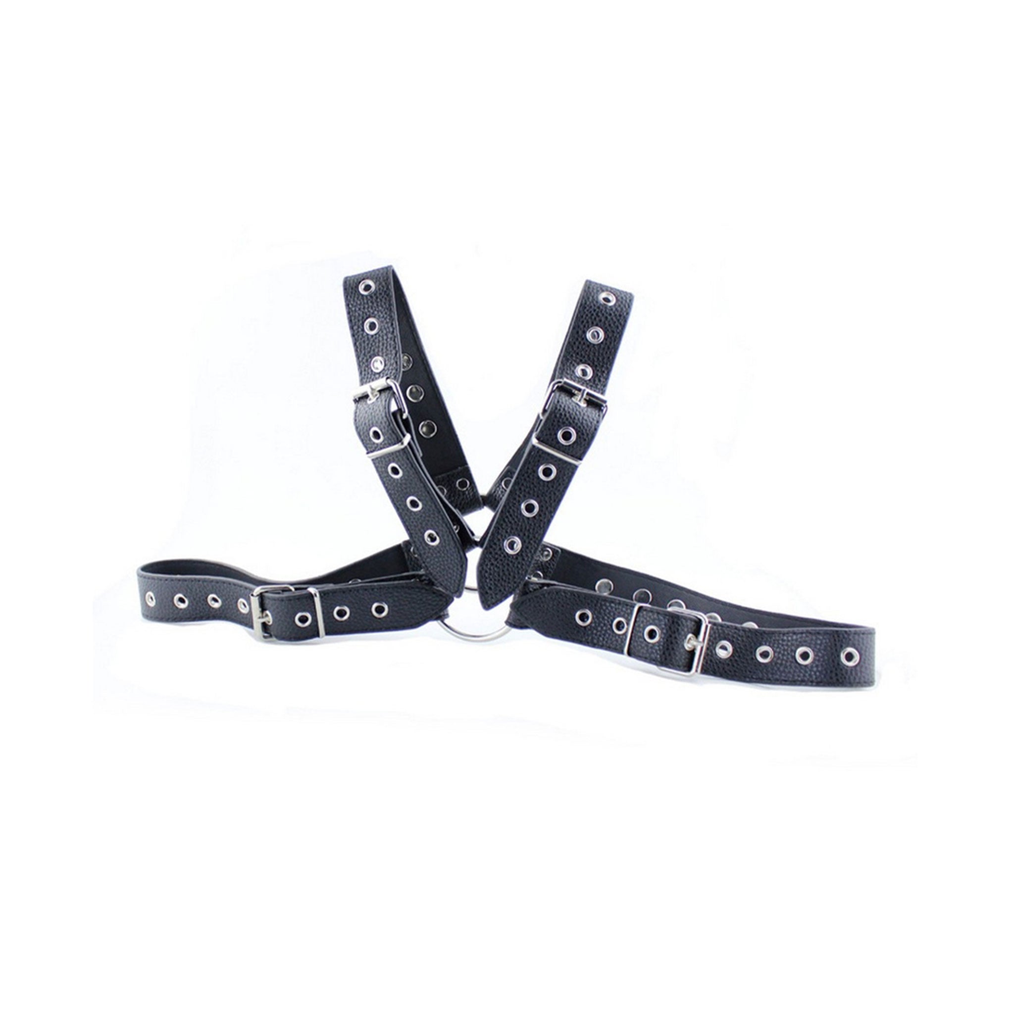 PVC vinyl leather vegan-leather pebble-grain accessories top harness chest-harness x-cross x-shaped studs studded O-ring adjustable buckle fetish fashion alt-fashion bdsm bdsm-gear bondage rave ravewear festival festivalwear club clubwear party male masculine masc mens guys dudes gay pride black