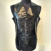 Latex rubber top vest sleeveless snap-button press-button snap press button etched texture textured circuit circuitboard computer cyber cyberpunk goth gothic gothik techno black