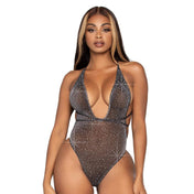 Lurex sheer transparent intimates lingerie teddy one-piece plunging-V V-neckline convertible wrap-straps open-back brazilian-panty brazilian-cut rhinestones hand-laid shimmer sparkle show-off showoff risque show-stopper showstopper eyekndy rave ravewear rave-wear female femme feminine women black silver metallic