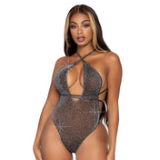 Lurex sheer transparent intimates lingerie teddy one-piece plunging-V V-neckline convertible wrap-straps open-back brazilian-panty brazilian-cut rhinestones hand-laid shimmer sparkle show-off showoff risque show-stopper showstopper eyekndy rave ravewear rave-wear female femme feminine women black silver metallic