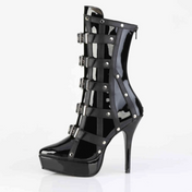 Corset-inspired black patent ankle boots, vegan leather with metal studs, 5 ¼-inch heel, 1 ¼-inch platform, rebellious fetish footwear.