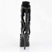 Corset-inspired black patent ankle boots, vegan leather with metal studs, 5 ¼-inch heel, 1 ¼-inch platform, rebellious fetish footwear.