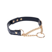 Leather faux-leather accessories jewelry choker collar day-collar chain fixed-chain O-ring D-ring press-stud snap-button elegant stylish style bondage bdsm faux-choking kink kinky kinky-play pet-play cougar feline elegant excitement discreet discrete bold blue navy gold animal-print