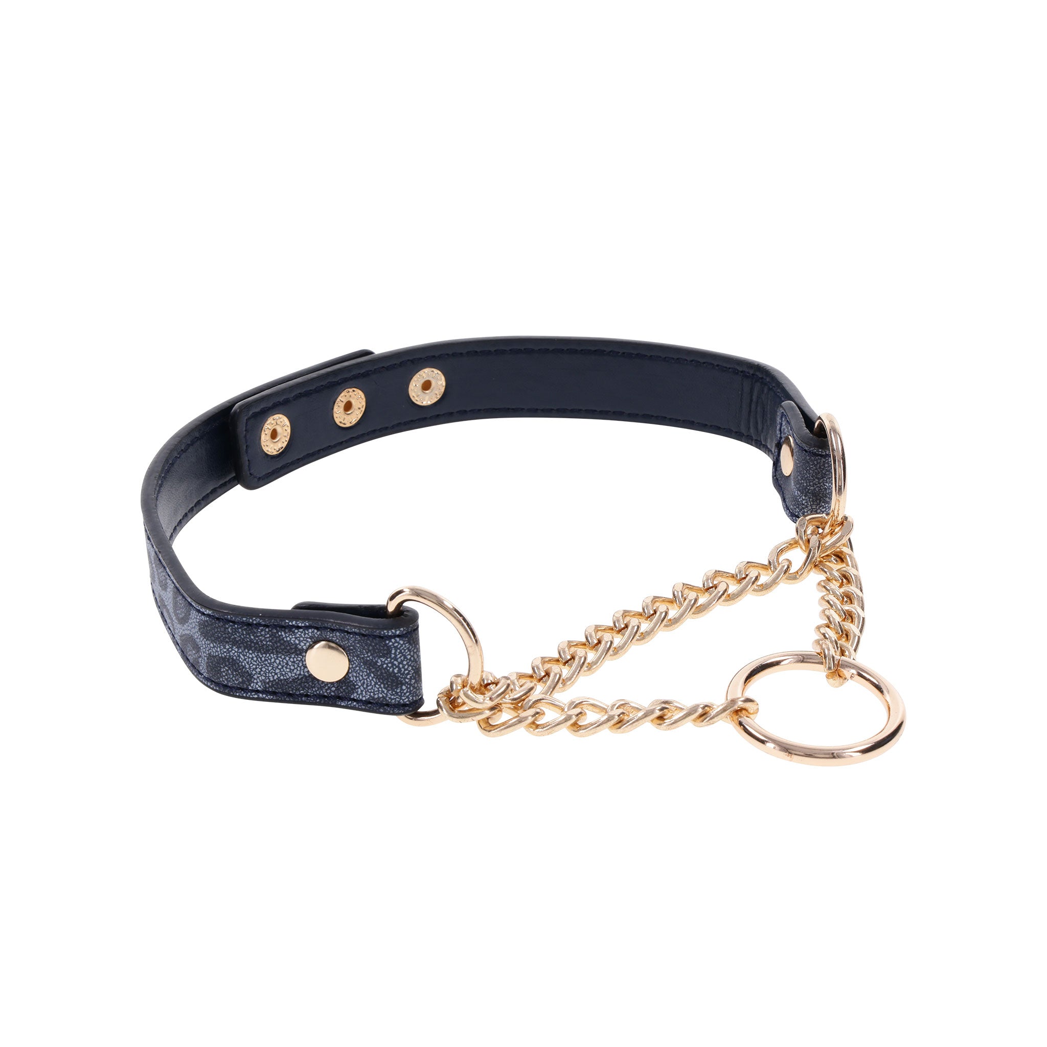 Leather faux-leather accessories jewelry choker collar day-collar chain fixed-chain O-ring D-ring press-stud snap-button elegant stylish style bondage bdsm faux-choking kink kinky kinky-play pet-play cougar feline elegant excitement discreet discrete bold blue navy gold animal-print