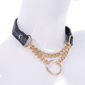 Leather faux-leather accessories jewelry choker collar day-collar chain fixed-chain O-ring D-ring press-stud snap-button elegant stylish style bondage bdsm faux-choking kink kinky kinky-play pet-play cougar feline elegant excitement discreet discrete bold blue navy gold animal-print
