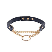 Leather faux-leather accessories jewelry choker collar day-collar chain fixed-chain O-ring D-ring press-stud snap-button elegant stylish style bondage bdsm faux-choking kink kinky kinky-play pet-play cougar feline elegant excitement discreet discrete bold blue navy gold animal-print