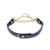 Leather faux-leather accessories jewelry choker collar day-collar chain fixed-chain O-ring D-ring press-stud snap-button elegant stylish style bondage bdsm faux-choking kink kinky kinky-play pet-play cougar feline elegant excitement discreet discrete bold blue navy gold animal-print