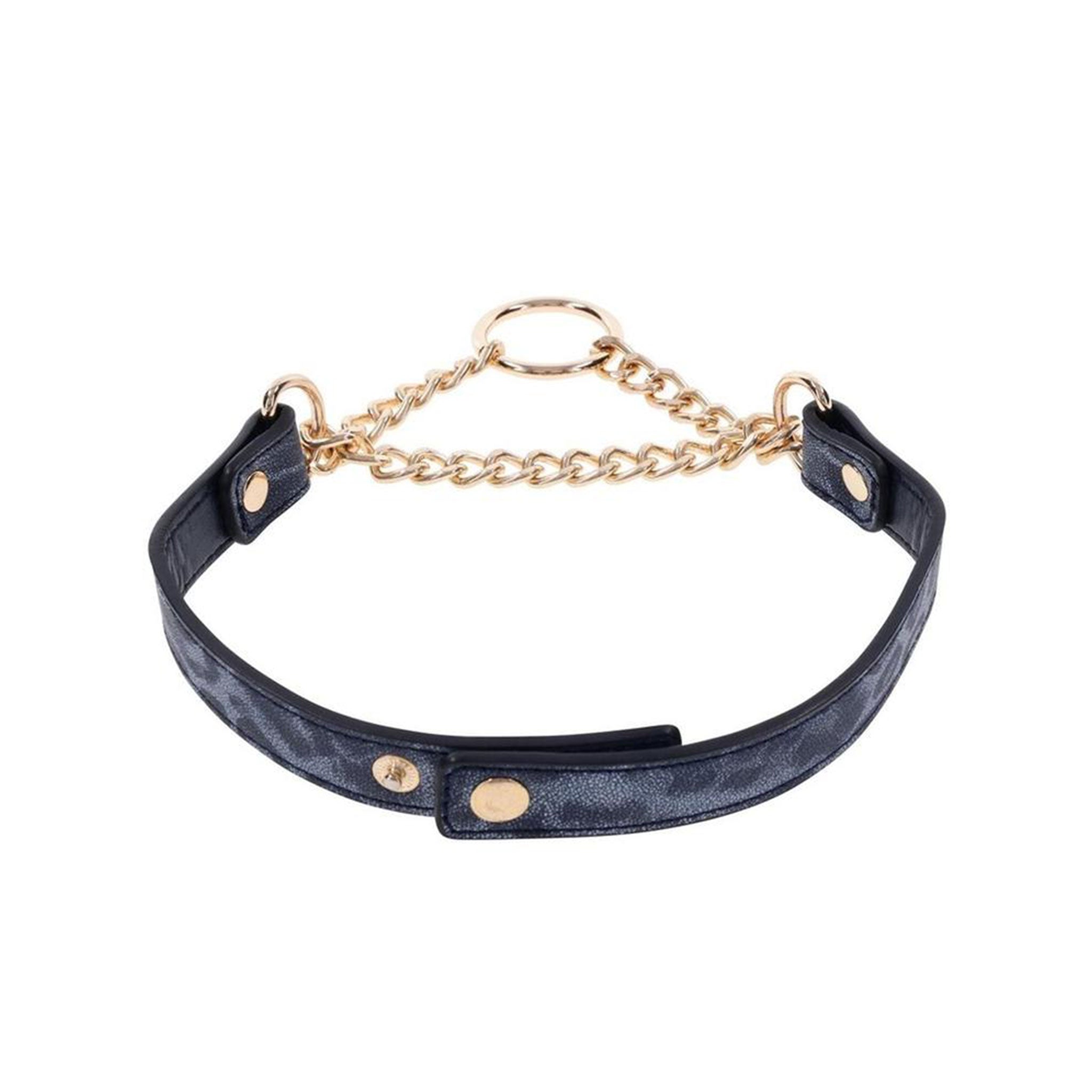 Leather faux-leather accessories jewelry choker collar day-collar chain fixed-chain O-ring D-ring press-stud snap-button elegant stylish style bondage bdsm faux-choking kink kinky kinky-play pet-play cougar feline elegant excitement discreet discrete bold blue navy gold animal-print