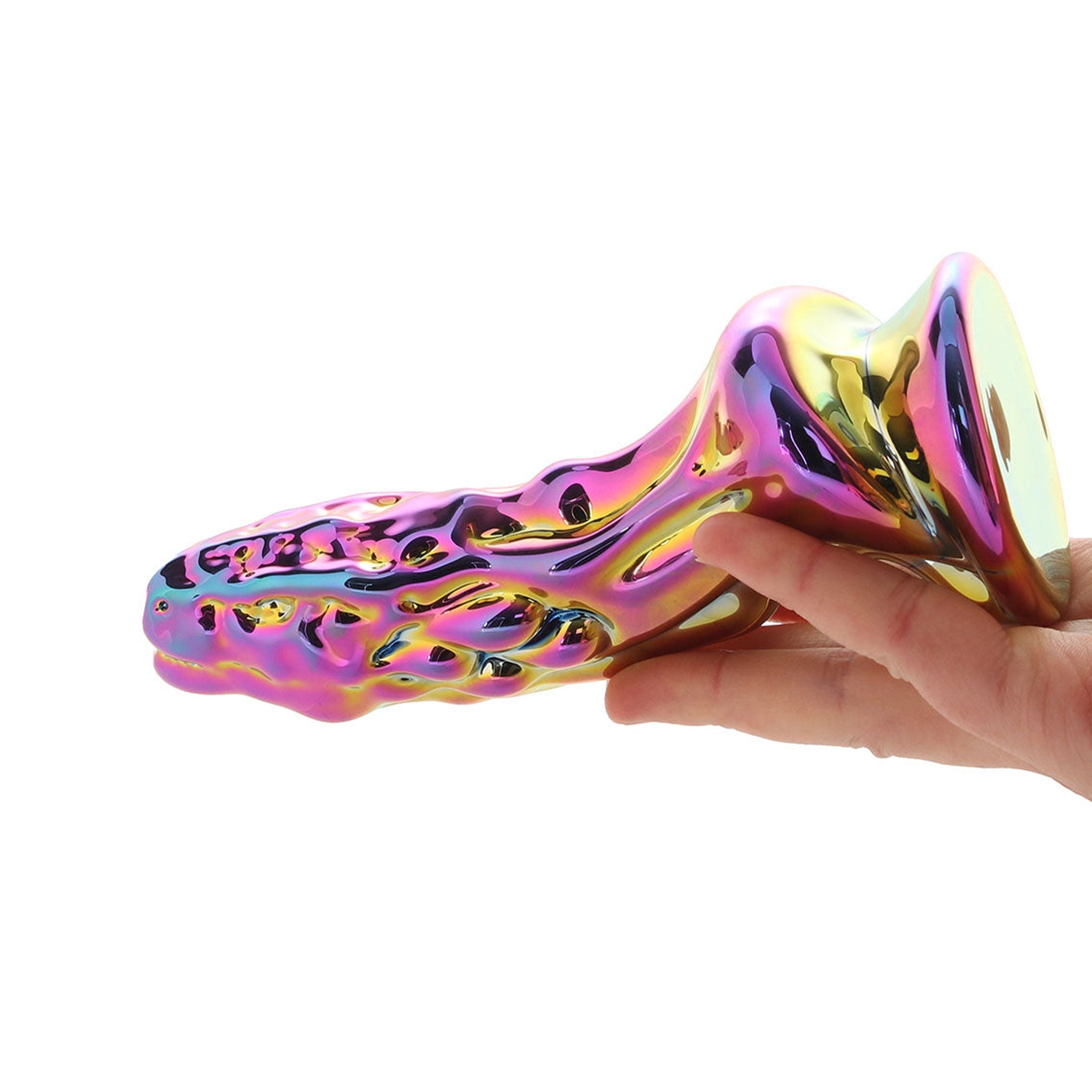 Glass borosilicate dildo dong dragon smooth arched curved tapered textured heat-adaptable temperature temperature-sensitive nonvibe non-vibe nonvibrating non-vibrating stim stimulate stimulation unique adult-toys creature-cocks multicolor iridescent