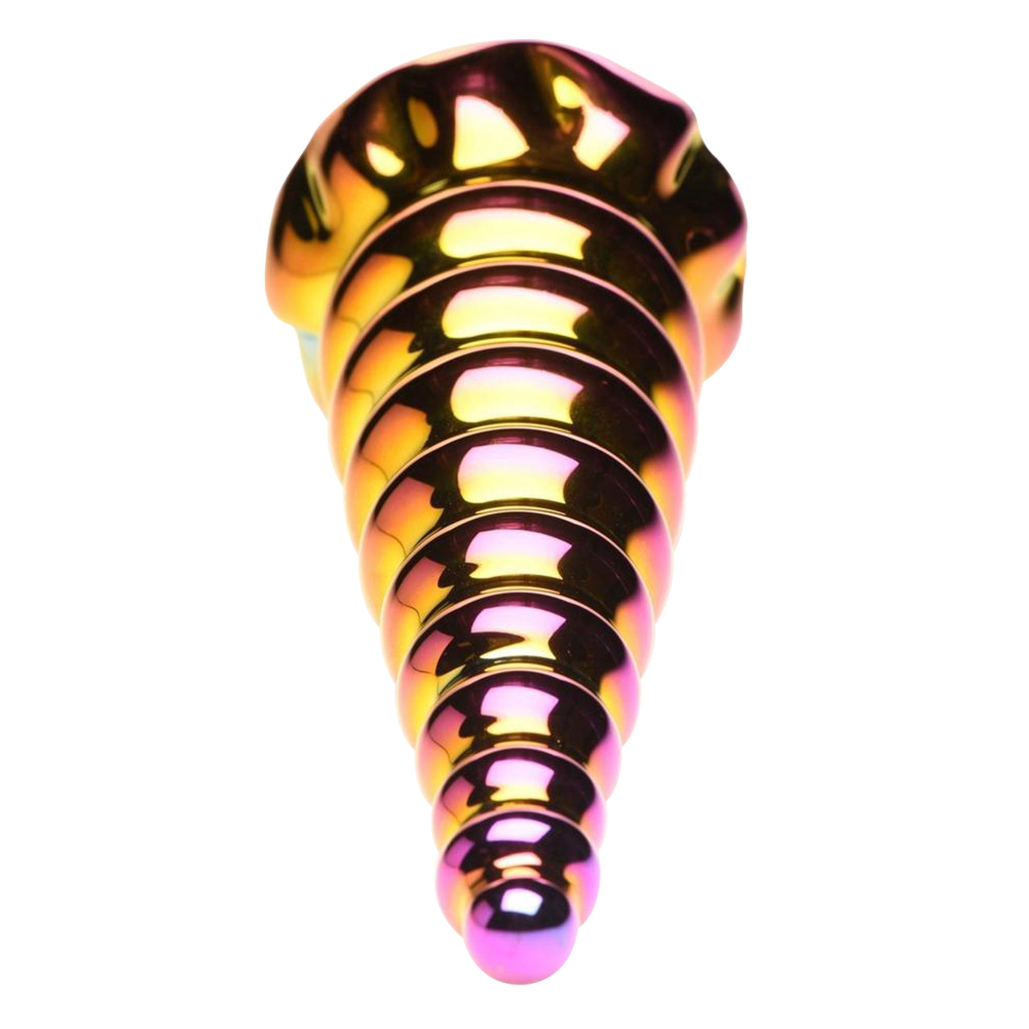 Borosilicate glass dildo dong creature-cocks twilight unicorn spiral horn majestic mystical fantasy unique temp-play temperature play iridescent rainbow purple pink yellow multicolor multi-color