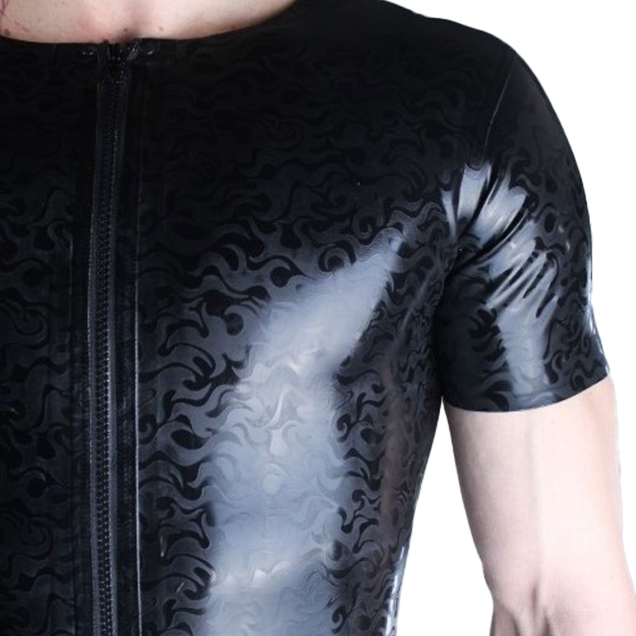 Latex rubber etched-rubber-textured-pattern flame-pattern flame-texture fire-texture top shirt short-sleeve shortsleeve sleeves sleeved front-zip full-zip zipper crew-neck fetish fashion danger excitement comfortable classic versatile playtime play-time daring bold latex-lover alt-fashion bdsm-fashion male masculine masc mens menswear guys dudes black