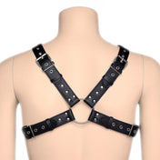 PVC vinyl leather vegan-leather accessories tops harness chest-harness O-ring cross-chest adjustable buckle eye-catching classic ready-to-go fetish fashion alt-fashion bdsm bdsm-gear bondage rave ravewear festival festivalwear club clubwear party male masculine masc mens menswear guys dudes gay pride black