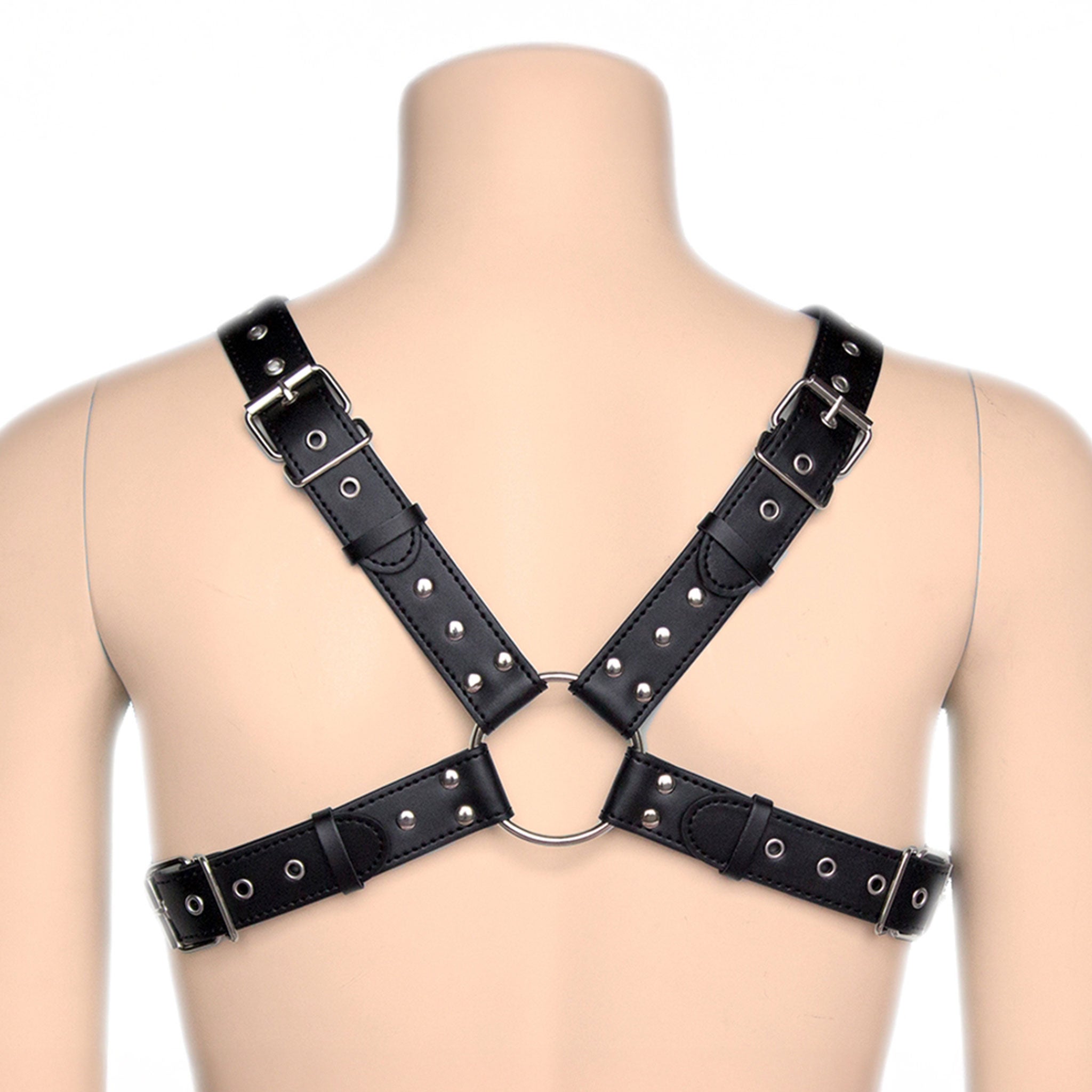 PVC vinyl leather vegan-leather accessories tops harness chest-harness O-ring cross-chest adjustable buckle eye-catching classic ready-to-go fetish fashion alt-fashion bdsm bdsm-gear bondage rave ravewear festival festivalwear club clubwear party male masculine masc mens menswear guys dudes gay pride black