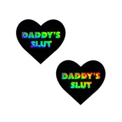 Adhesive medical-grade swimsuit-material vinyl accessories intimates pasties nipple nipple-pasties nipple-covers breast-covers breast-shields heart-shaped wetlook wet-look shiny glossy sexy slutty daddy's-slut i-heart-u costume cosplay halloween valentines black hologram holographic