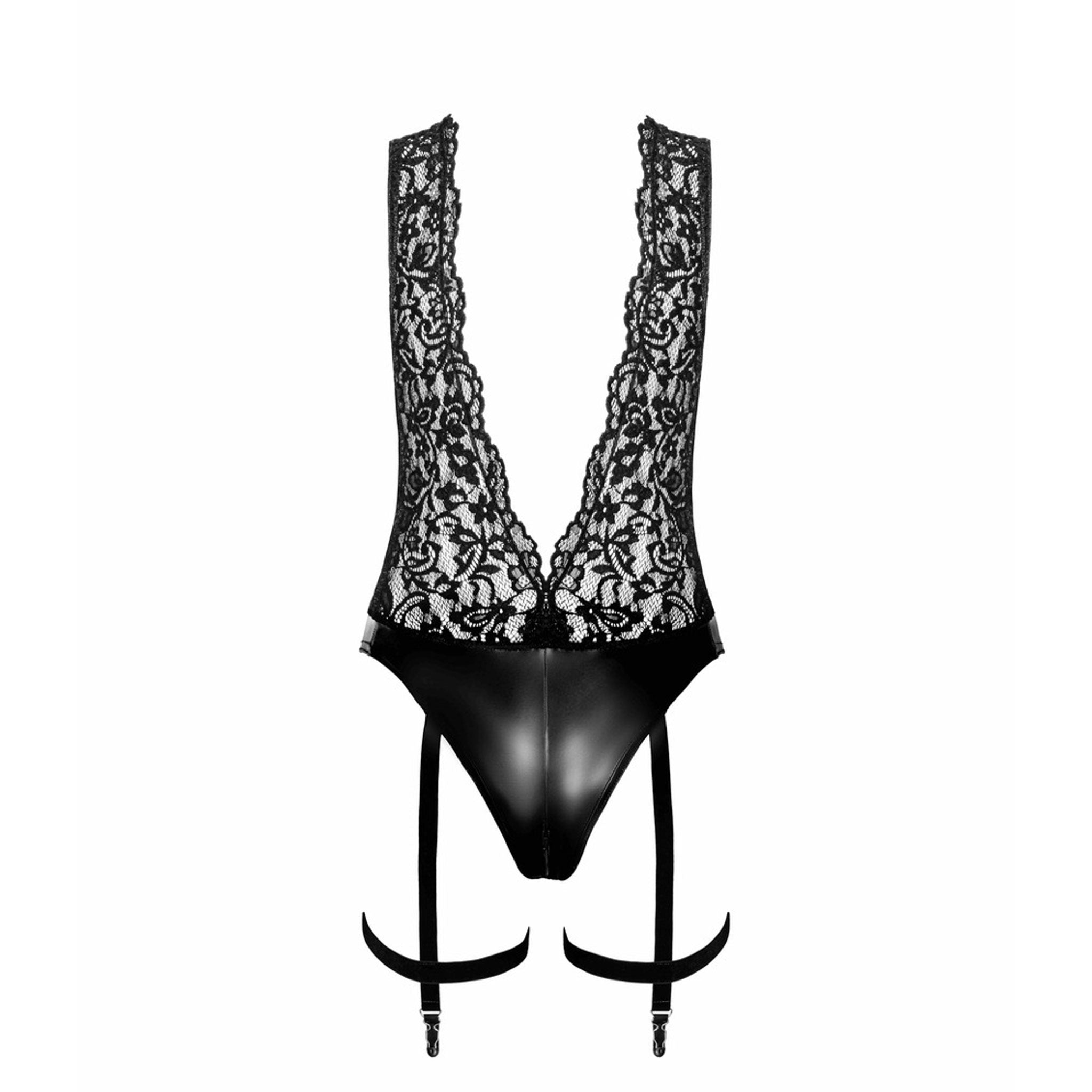 Wetlook bodysuit one-piece deep V-neck lace garter collar pearl chain elastic classy glamour lingerie intimates sexy black