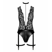 Wetlook bodysuit one-piece deep V-neck lace garter collar pearl chain elastic classy glamour lingerie intimates sexy black